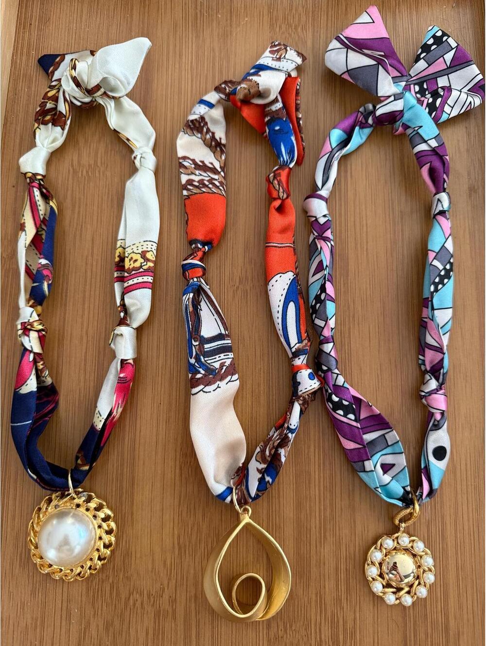 3 vintage charm scarf necklaces
